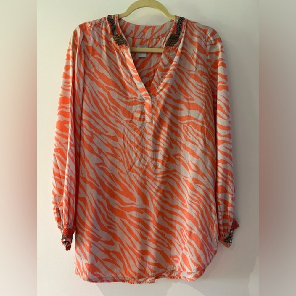 Chico's Women's Pink/Coral Beaded Zebra Print Top S